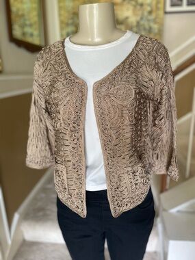 Yaze Gold / Tan Cardigan Jacket Wo M Artsy Boho Crop Formal Evening Coatigan EUC